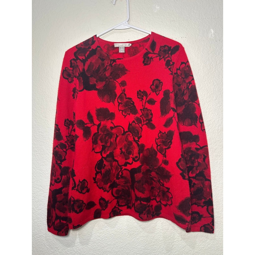 Charter Club Cashmere Sweater Womens Medium Red Black Floral Rose Print 2-Ply